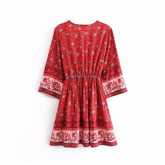 Boho gypsy red floral print 3/4 sleeve mini dress - Picture 3 of 3